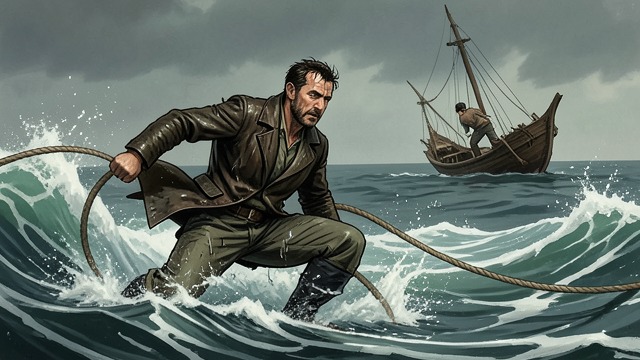 Ham’s Attempted Rescue from "David Copperfield". Ham’s Attempted Rescue Duty against the sea Ham sees a survivor clinging to a wreck and goes into the surf with a rescue rope.