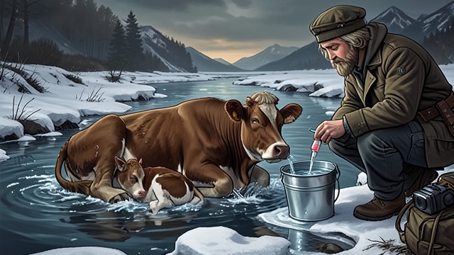 A Cow in the Beck from "All Creatures Great and Small". A Cow in the Beck A Desperate Setting A cow with milk fever lies unconscious in an icy stream while her newborn calf waits nearby.