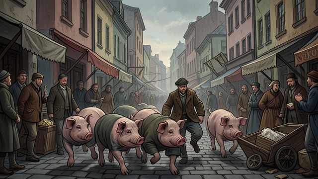 Pigs in the Market from "All Creatures Great and Small". Pigs in the Market A Door Left Open Tristan’s pigs escape into Darrowby and scatter through the market, disrupting stalls and traffic.