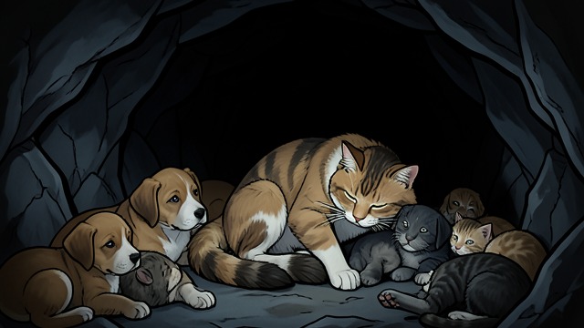 A Den Among Cats from "A Dog's Way Home". A Den Among Cats The first family Bella begins life in a crawl space among her dog mother, littermates, and a colony of cats.