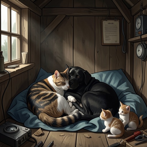 Bella and Mother Cat from "A Dog's Way Home". The bond between Bella and Mother Cat begins in a shared den and later returns as a quiet encounter between two survivors.