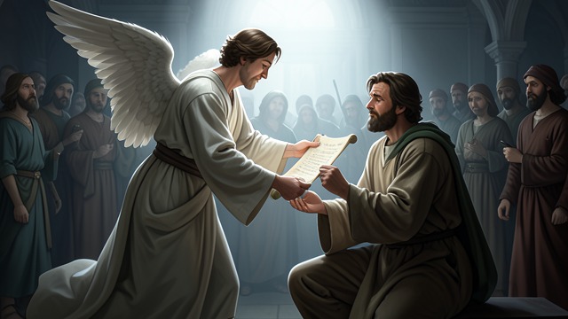 The Angelic Commission from "Book of Revelation". The Angelic Commission A second prophecy An angel gives John the Little Scroll and tells him to prophesy again before peoples, nations, languages, and kings.