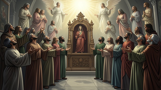 The Multitude at the Throne from "Book of Revelation". The Multitude at the Throne White robes and palms An innumerable crowd from every nation stands before the throne and the Lamb.