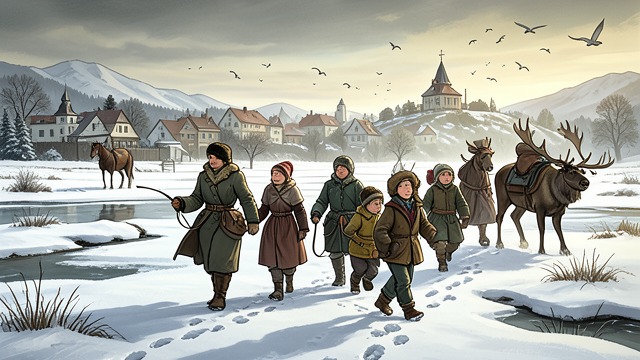 A Homeward Journey from "The Snow Queen". A Homeward Journey A return supported by others The children travel with help from the northern women and the Reindeer before continuing toward their town.