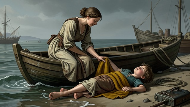 An Unexpected Guest from "The Snow Queen". An Unexpected Guest A rescue at the river The Conjuring woman draws Gerda’s boat to shore and welcomes the exhausted child into her home.