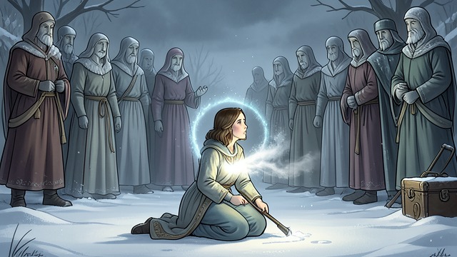 门槛前的信念,《白雪皇后》中的场景。门槛前的信念 手无寸铁地面对卫兵 活雪花包围格尔达时,她没有任何特别的武器。她诵念主祷文,天使便从她的呼吸中升起,保护着她。 勇气达成目的 她进入宫殿,找到了凯。她的力量之所以足够,并非因为她压倒了他人,而是因为她坚持不懈,没有放弃自己的慈悲。