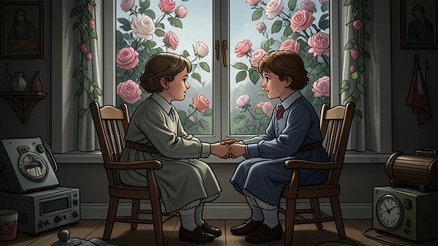 The Bond at Home from "The Snow Queen". The Bond at Home Shared places revisited Kay and Gerda sit in their childhood chairs and hold hands while the roses bloom at the window.