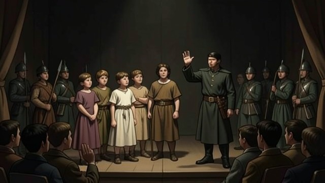 The Pageant Begins from "Eileen". The Pageant Begins Authority on Stage The warden introduces the performance with a moral lecture, warning the boys against laughter and disorder.