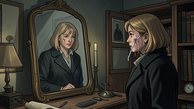The Mark of Departure from "Eileen". The Mark of Departure A Changed Reflection Before leaving, Eileen sees a new certainty in her face and kisses her reflection.