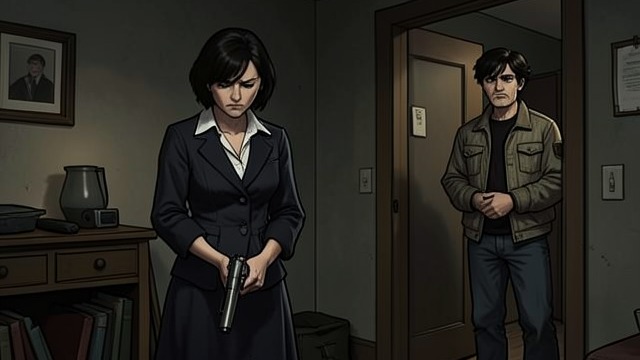 The Gun Changes Hands from "Eileen". The Gun Changes Hands Official Transfer After neighbors report that Charlie has pointed his gun toward children, police require Eileen to take custody of it.