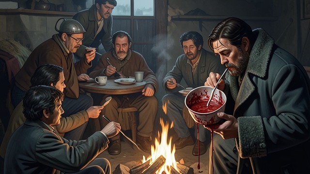A Shared Meal from "The North Water". A Small Acceptance Food offered Sumner initially refuses seal blood and raw liver, sensing that his refusal disappoints the families.