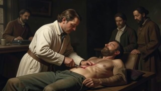 The Operation from "The North Water". Surgery in the Cabin A dangerous incision Sumner anesthetizes the priest with ether and opens the abdomen, releasing a large amount of infected material.