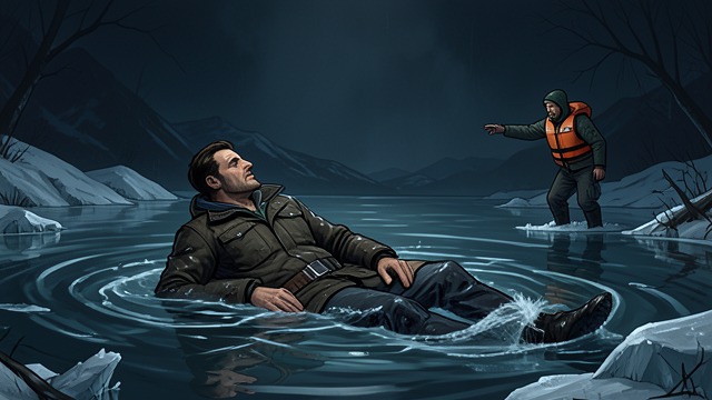 Survival in the Water from "The North Water". A Life Against Probability A near drowning Sumner falls into the sea between floes and remains trapped in the cold for hours.
