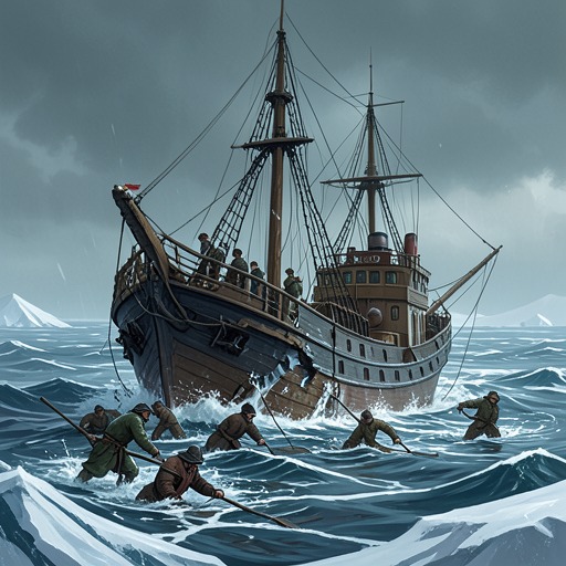 The Whaling Venture from "The North Water". The Volunteer’s commercial voyage changes from a hopeful hunt into a concealed insurance fraud and a disaster that consumes the crew.