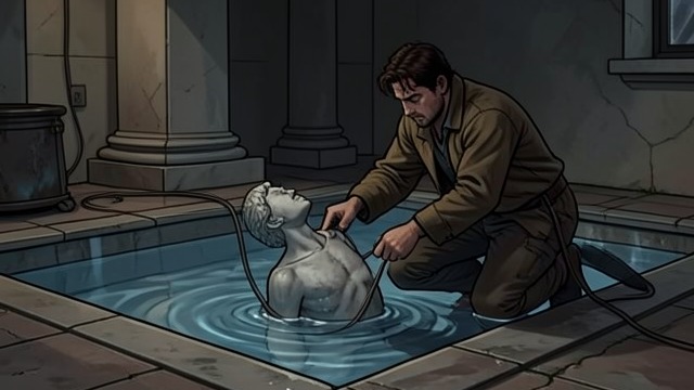 The Pool Search from "The Mystery of The Invisible Dog". The Pool Search A risky retrieval With the building nearly empty, Jupiter Jones enters the cold pool and scans its tiled floor.