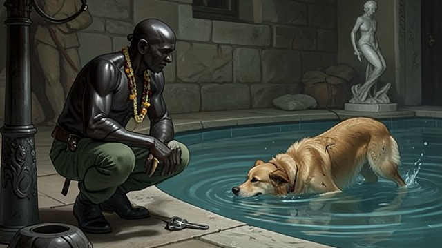 The Sculpture at Risk from "The Mystery of The Invisible Dog". The Sculpture at Risk Attachment to the Hound Prentice watches Jupiter Jones retrieve the Carpathian Hound from the pool.