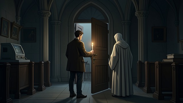 Jupiter Locked Inside from "The Mystery of The Invisible Dog". Jupiter Locked Inside A candle-bearing figure Jupiter Jones enters St Jude’s Church after seeing a light and encounters a pale figure dressed like a priest.