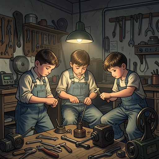 Work Beneath the Investigation from "The Mystery of The Invisible Dog". The boys’ teamwork, salvaged equipment, and ordinary obligations establish a practical foundation for their seemingly extraordinary detective work.
