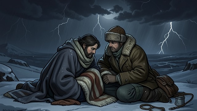 A Mountain Rescue from "De brief voor de Koning". A Mountain Rescue Dependence reversed Piak guides Tiuri through dangerous terrain, but Tiuri’s stamina and judgment also support Piak during the storm.