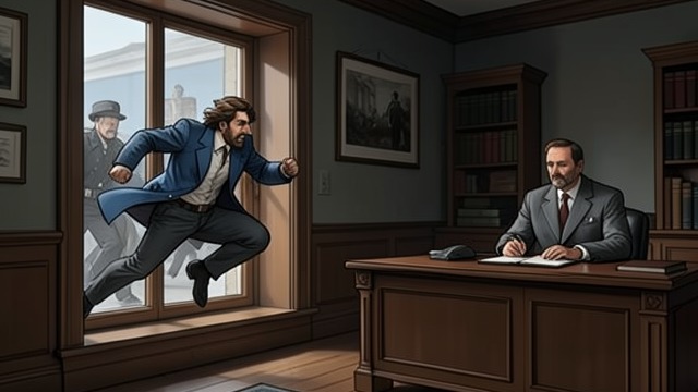 The Town Hall Flight from "De brief voor de Koning". The Town Hall Flight Piak’s diversion Piak pretends that he has the object the mayor wants and runs outside.