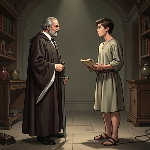 Tiuri and Ristridin’s Reversal from "De brief voor de Koning". Ristridin moves from accusing Tiuri of Edwinem’s murder to defending and mentoring the young courier.