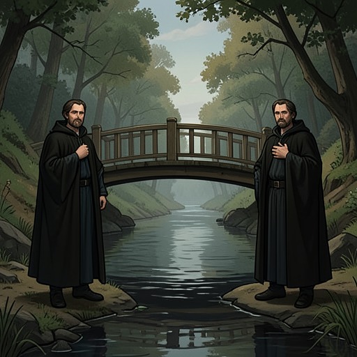 The Rainbow River Crossing from "De brief voor de Koning". The toll system blocks Tiuri and Piak, forcing them to confront the difference between evading a rule and seeking fair judgment.
