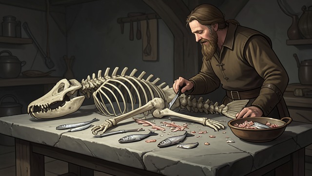 The Pike Becomes Raw Material from "Kalevala". The Pike Becomes Raw Material A meal leaves a remainder Wainamoinen cuts up the great pike and shares it with the company.