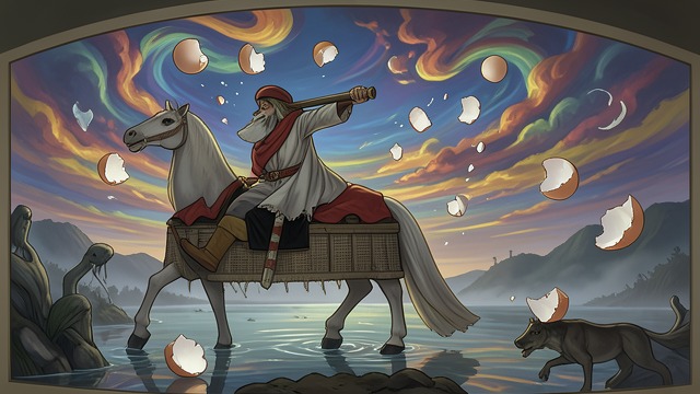 The Heavens Take Shape from "Kalevala". The Heavens Take Shape Fragments become a cosmos The upper and lower parts of the eggs form the vault of heaven and the ground below.