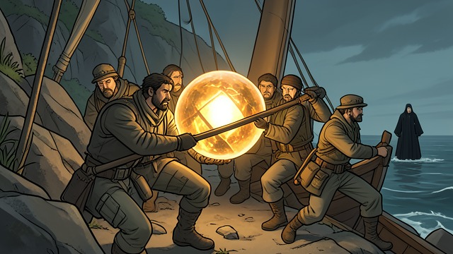 The Treasure Is Taken from "Kalevala". The Treasure Is Taken A successful theft Wainamoinen and his companions carry the Sampo from the mountain and load it onto their vessel.