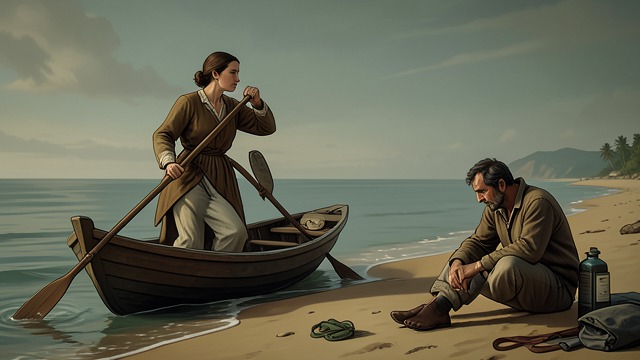 Louhi Finds the Castaway from "Kalevala". Louhi Finds the Castaway Help from a rival Louhi hears Wainamoinen crying on the shore and rows out to find him.