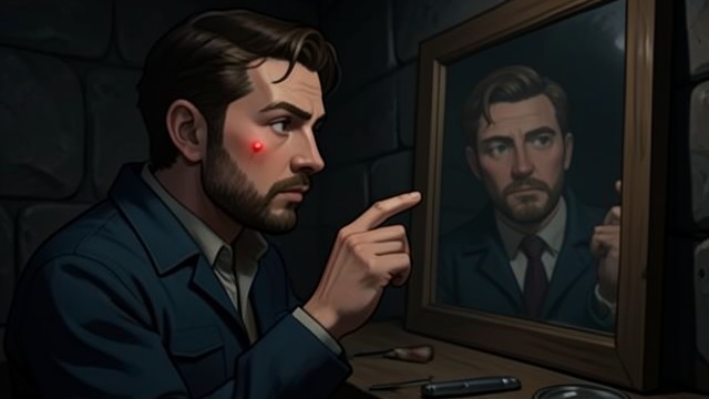 The First Inspection from "The Room". A Red Spot in the Mirror A Minor Blemish In the dimly lit cell, the prisoner studies his face in the mirror and notices a small red spot on his cheek.