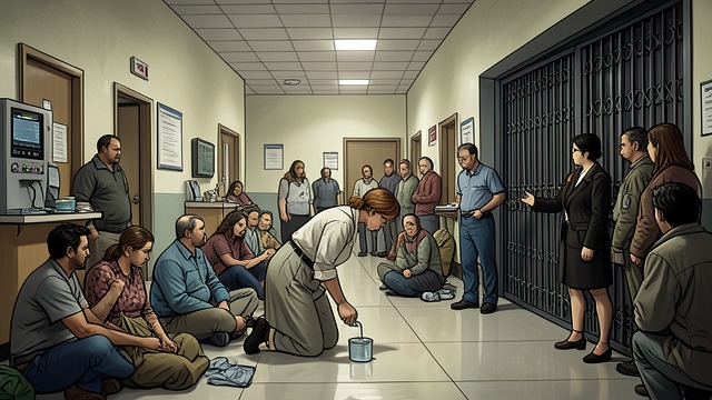 Patients Wait in Staging Areas from "Five Days at Memorial". Patients Wait in Staging Areas A Temporary Arrangement Patients were moved from rooms to the lobby, corridors, and garage while awaiting boats or helicopters.
