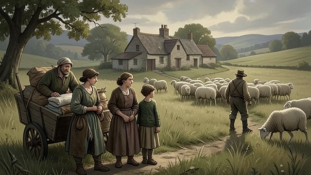 被迫离乡的家庭,《乌托邦》中的场景。土地被夺 失去家园与财产 农村家庭在压力、法律手段或直接暴力下被迫离开家园。 他们只能低价出售财物,并寻找其他居所。 无处安身 他们尚未犯下任何罪行,流离失所便已开始。