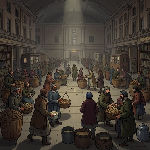Goods Without Private Ownership from "Utopia". This flow traces how shared property and distribution challenge the security, status, and inequalities of a money-based society.