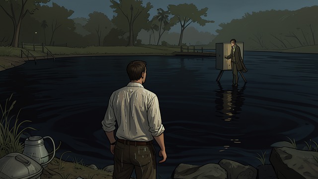 The Swim into Darkness from "And Their Children After Them". A Vanishing Figure Leaving the shore Patrick reaches the lake, removes his clothes, and swims away from land.