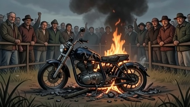The Motorcycle Burns from "And Their Children After Them". Destruction Made Visible Fire in the development Hélène returns to find the Yamaha broken and burning.