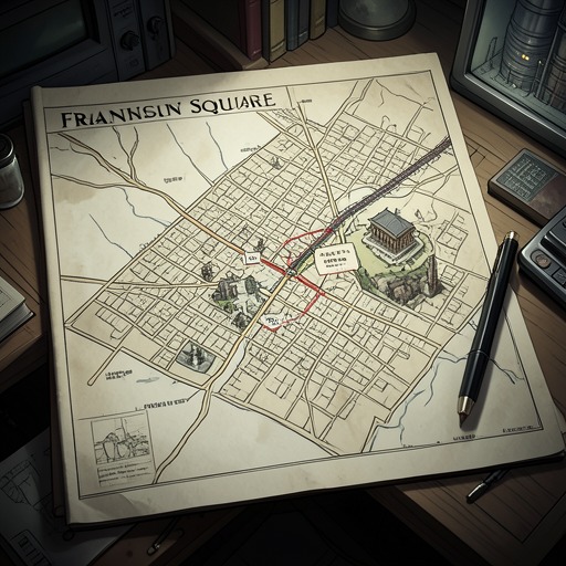 From Franklin Square to Heredom from "The Lost Symbol". This flow traces the successive geographic interpretations that move Langdon and Mal’akh from a printed address to the House of the Temple.
