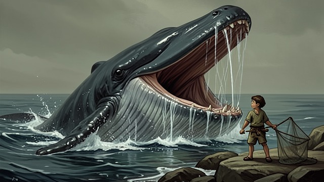 A Feeding Giant from "Blueback". A Feeding Giant The whale feeds A whale passes with its mouth open, filtering water through baleen. Abel jokes that he is glad not to be plankton.