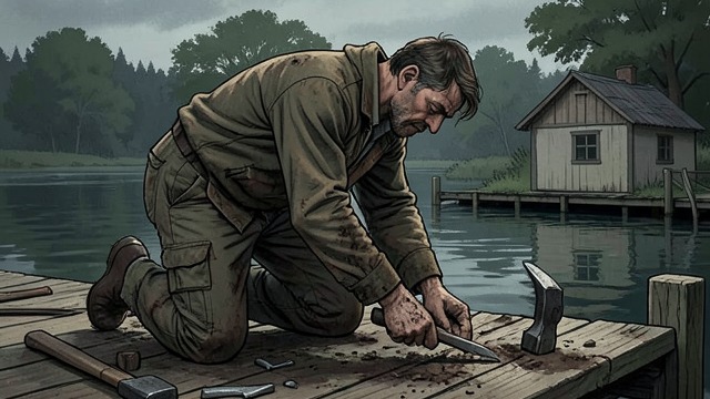 Abel Repairs the Home from "Blueback". Abel Repairs the Home Work in her absence Abel repairs the jetty, sheds, and house while Dora recovers.