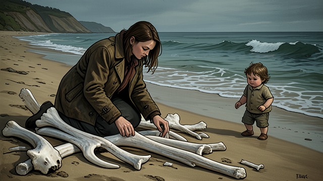 Bones Become a Warning from "Blueback". Bones Become a Warning Past made present The later storm exposes whale remains along the shore, linking the living encounter to the family’s history of killing…