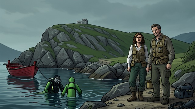 The Red Boat from "Blueback". The Red Boat Arrival Costello anchors at Robbers Head and sends two divers down. Abel and Dora Jackson watch the operation from shore.