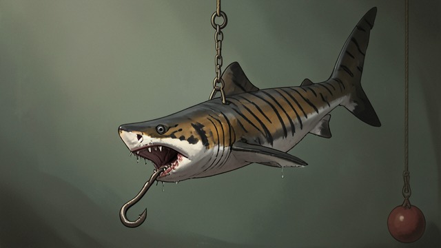 The Cruel Hook from "Blueback". The Cruel Hook Prolonged suffering A Tiger shark drags a meat hook and buoy until exhaustion kills it. Abel sees the harm as both painful and preventable.
