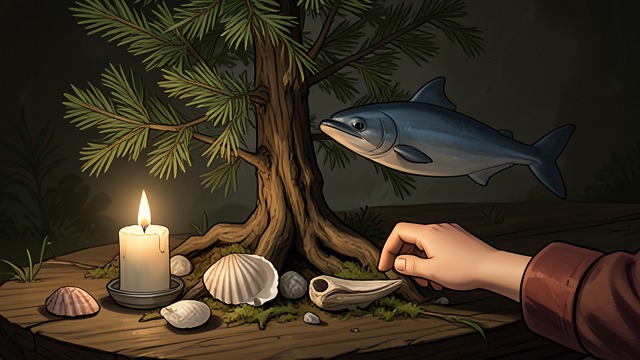 Objects at the Tree from "Blueback". Objects at the Tree A private memorial Dora keeps a candle, shells, and a driftwood dolphin at the peppermint tree.