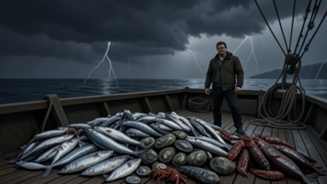 Evidence of Slaughter from "Blueback". Evidence of Slaughter The catch Abel approaches Costello’s boat and sees piles of dead fish, undersized Abalone, and illegal crayfish.