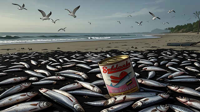 The Pilchards Wash Ashore from "Blueback". The Pilchards Wash Ashore A sudden event The beach turns black with dead Pilchards, while flies and gulls gather around the stinking mass.