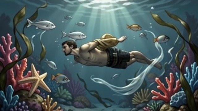 A Crowded Reef from "Blueback". A Crowded Reef Variety underwater Abel sees silver fish, starfish, coral, kelp, and colorful reef fish around the rocks. The water feels alive with movement.