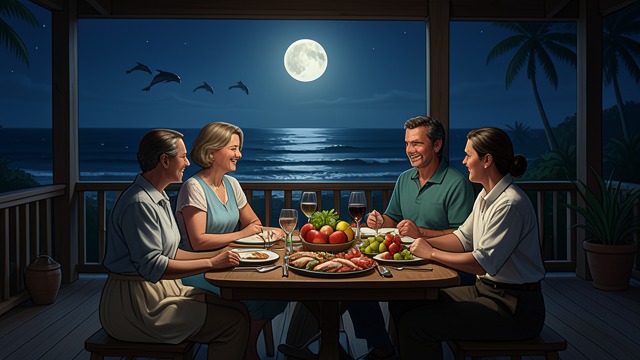 A Proposal by the Bay from "Blueback". A Proposal by the Bay Celebration The family shares seafood and fruit on the verandah. Dolphins jump and call in the moonlit bay.