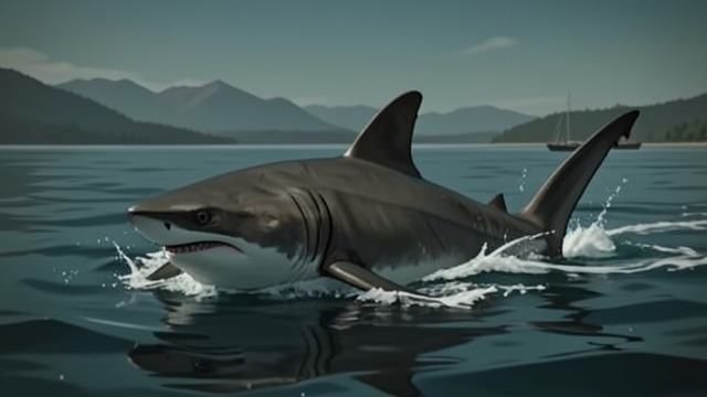 A Shark Enters the Bay from "Blueback". A Shark Enters the Bay An unsettling visitor A large Tiger shark swims sluggishly into Longboat Bay.