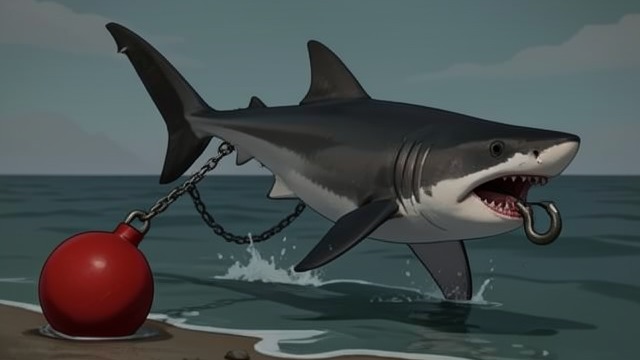 The Hook and Buoy from "Blueback". The Hook and Buoy Captured A meat hook pierces the shark’s jaws and a chain drags a red buoy behind it. The buoy prevents the animal from diving.