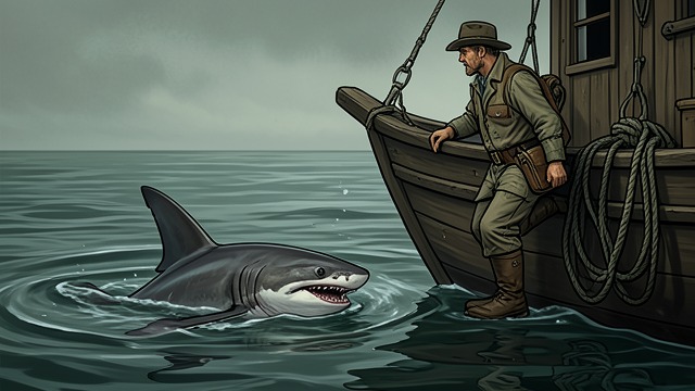 No Rescue Possible from "Blueback". No Rescue Possible Helpless witness Abel considers shooting the shark to end its pain, but he has no gun and cannot safely cut it free.